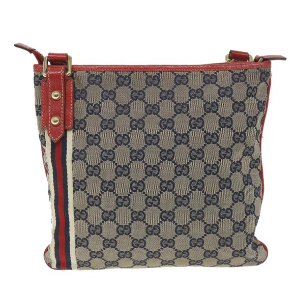 GUCCI GG Canvas Sherry Line Shoulder Bag Navy Red 144388 Auth ki3671 - Picture 2 of 16